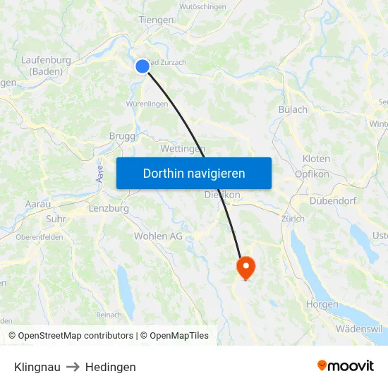Klingnau to Hedingen map