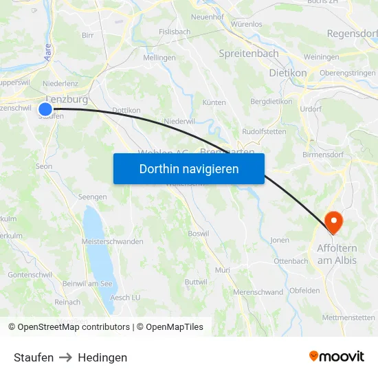 Staufen to Hedingen map