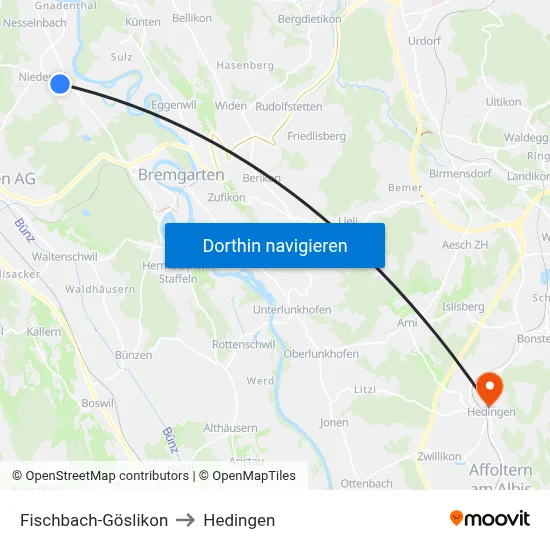 Fischbach-Göslikon to Hedingen map