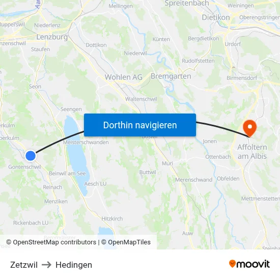 Zetzwil to Hedingen map
