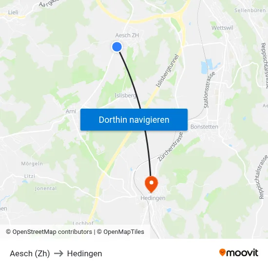 Aesch (Zh) to Hedingen map