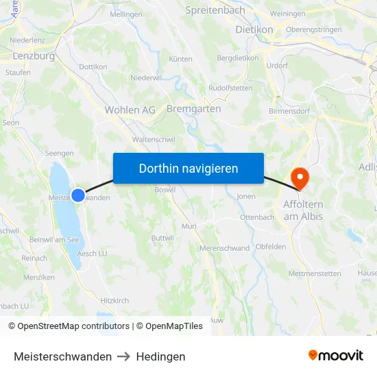 Meisterschwanden to Hedingen map