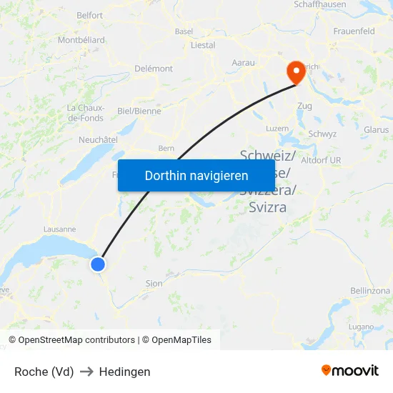 Roche (Vd) to Hedingen map