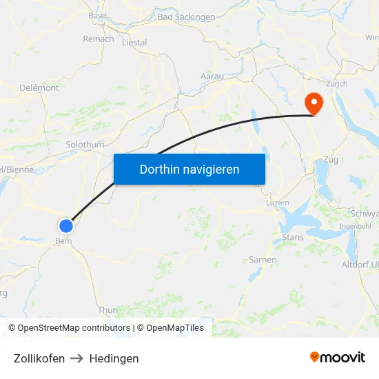 Zollikofen to Hedingen map