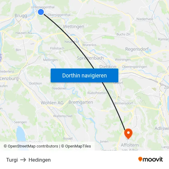 Turgi to Hedingen map