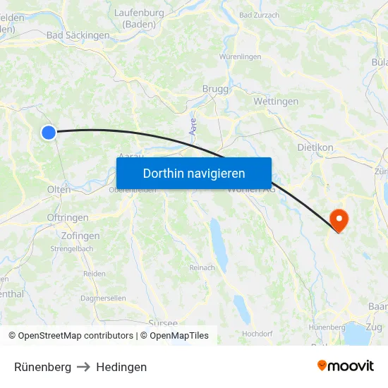 Rünenberg to Hedingen map