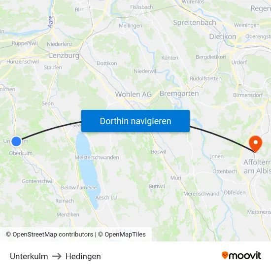 Unterkulm to Hedingen map