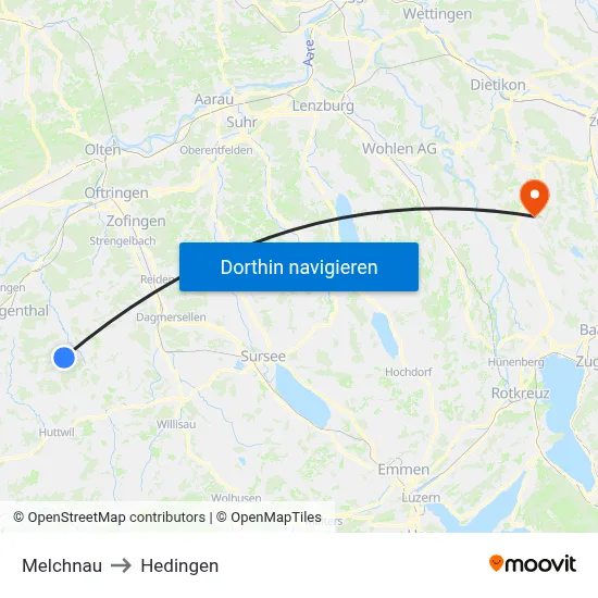 Melchnau to Hedingen map