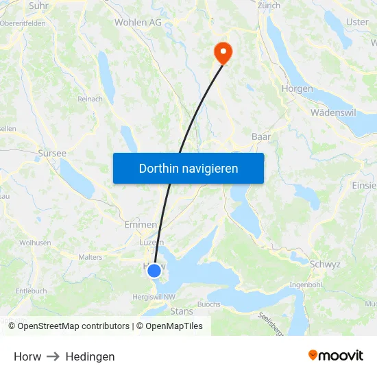 Horw to Hedingen map