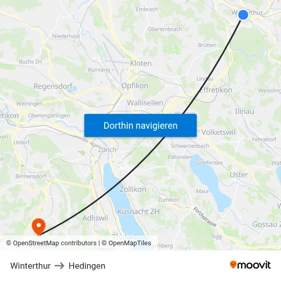 Winterthur to Hedingen map
