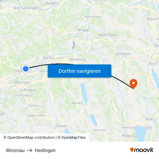 Winznau to Hedingen map