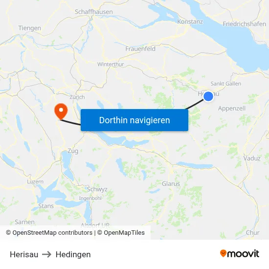 Herisau to Hedingen map