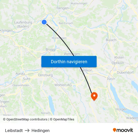 Leibstadt to Hedingen map