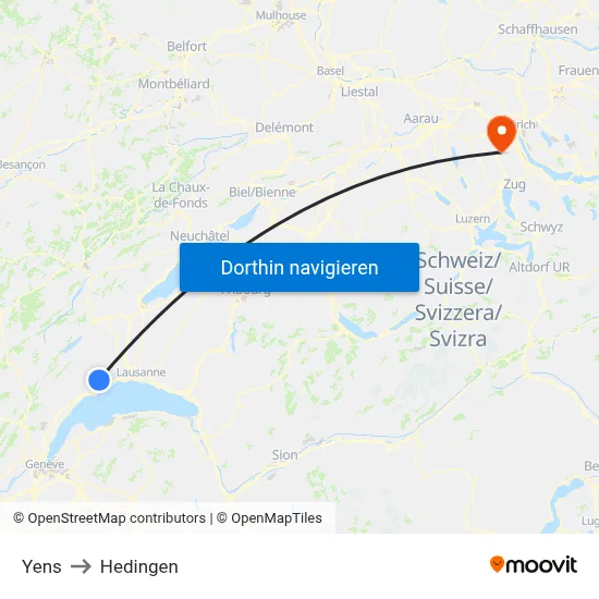 Yens to Hedingen map