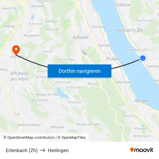 Erlenbach (Zh) to Hedingen map