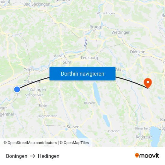 Boningen to Hedingen map