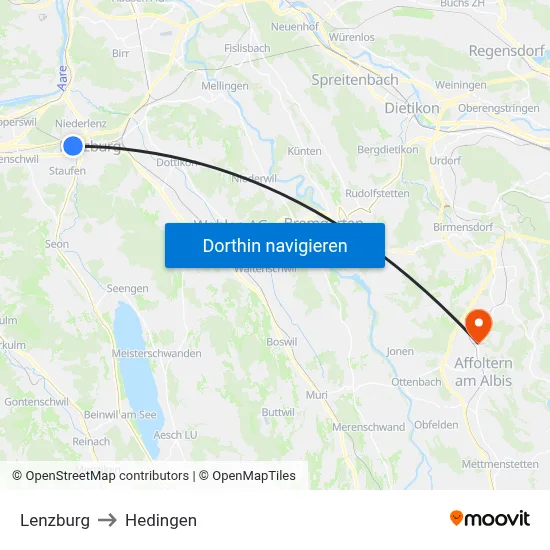 Lenzburg to Hedingen map