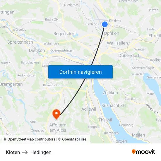 Kloten to Hedingen map