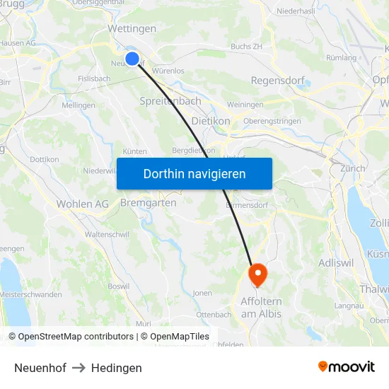 Neuenhof to Hedingen map