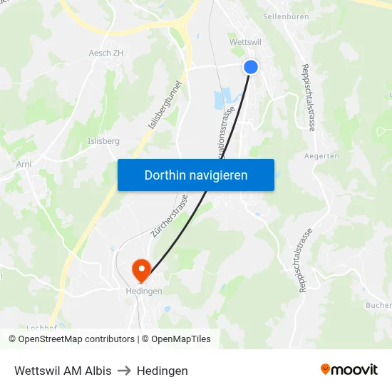 Wettswil AM Albis to Hedingen map