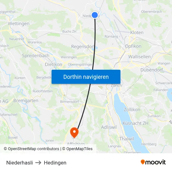 Niederhasli to Hedingen map