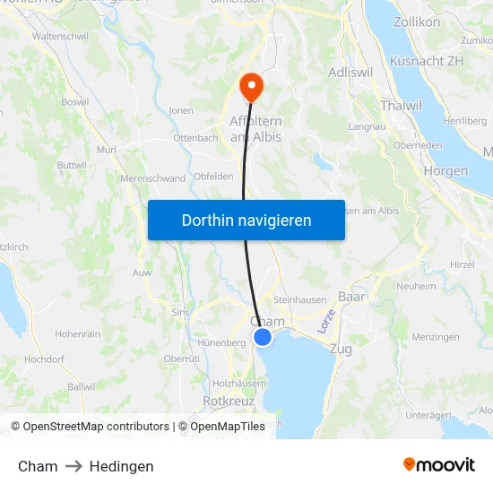 Cham to Hedingen map