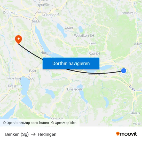 Benken (Sg) to Hedingen map
