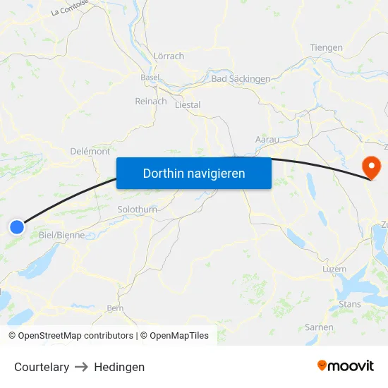 Courtelary to Hedingen map
