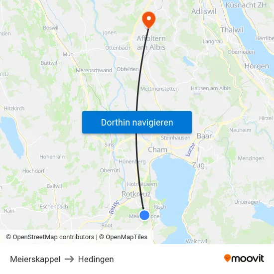 Meierskappel to Hedingen map