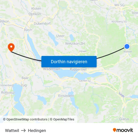 Wattwil to Hedingen map