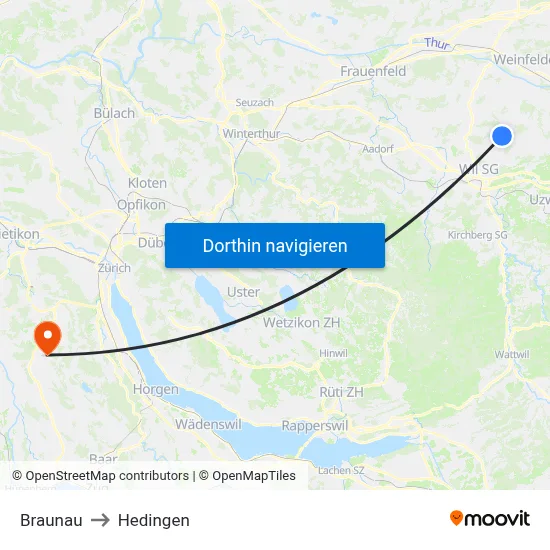 Braunau to Hedingen map