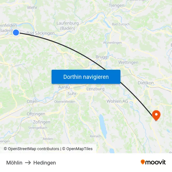 Möhlin to Hedingen map