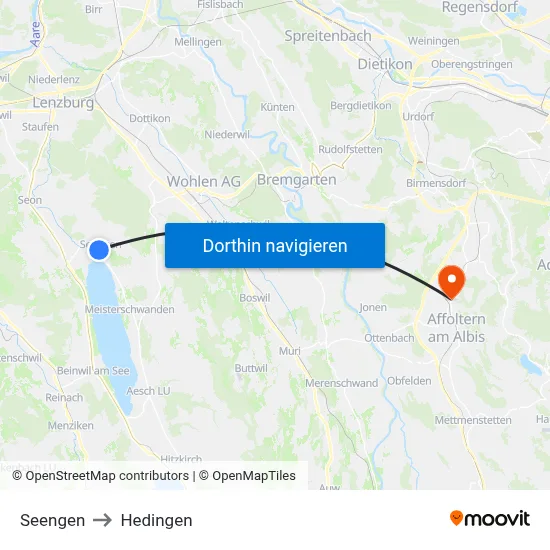 Seengen to Hedingen map