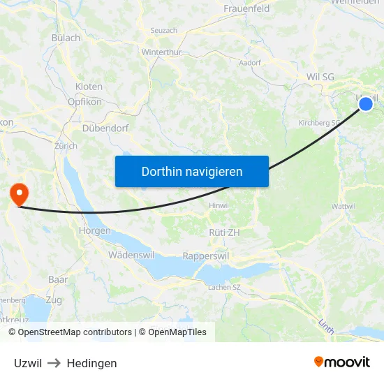 Uzwil to Hedingen map
