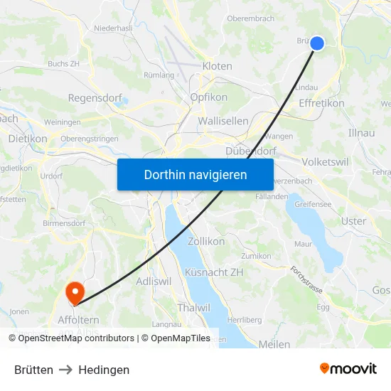 Brütten to Hedingen map