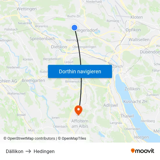 Dällikon to Hedingen map