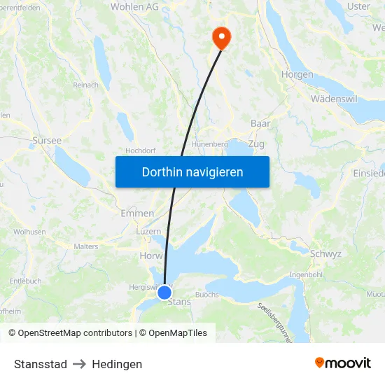 Stansstad to Hedingen map