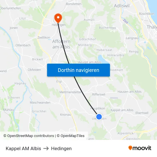 Kappel AM Albis to Hedingen map