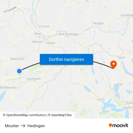 Moutier to Hedingen map