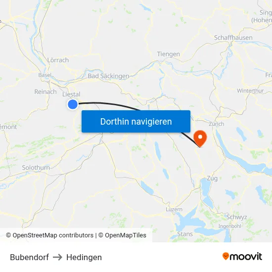 Bubendorf to Hedingen map