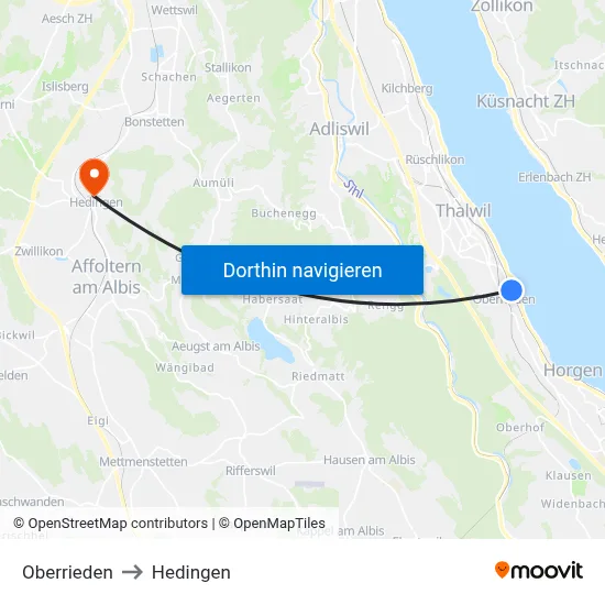 Oberrieden to Hedingen map