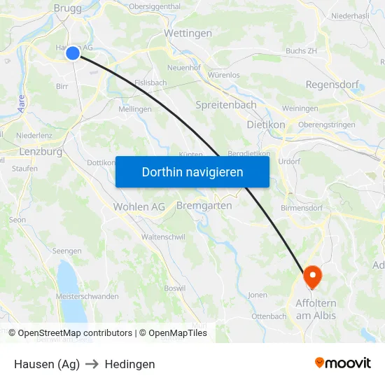 Hausen (Ag) to Hedingen map
