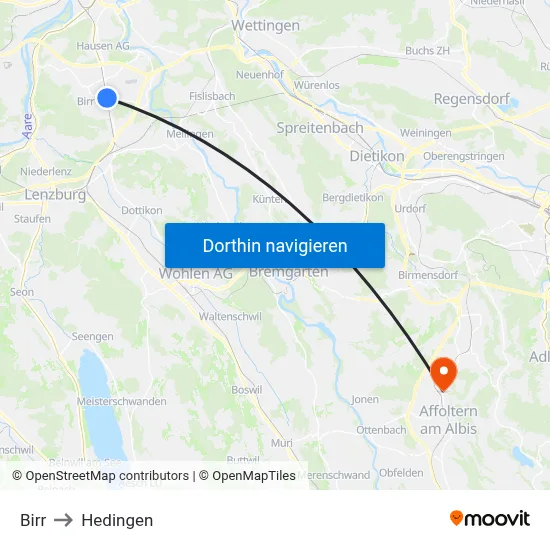 Birr to Hedingen map