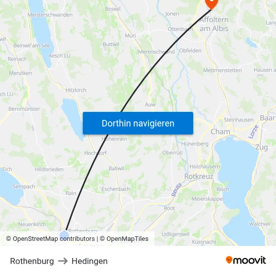 Rothenburg to Hedingen map