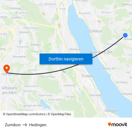 Zumikon to Hedingen map