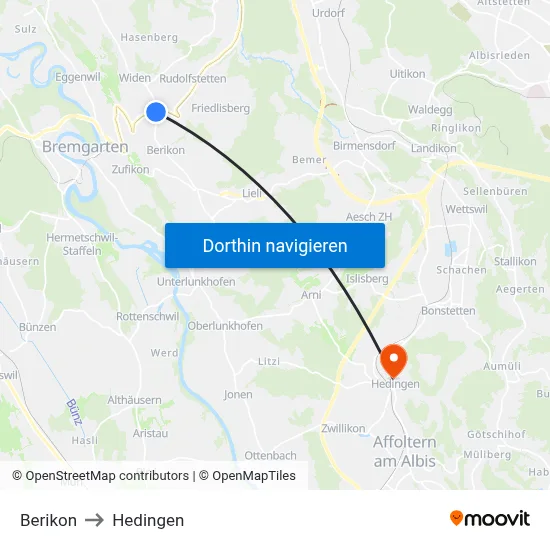 Berikon to Hedingen map