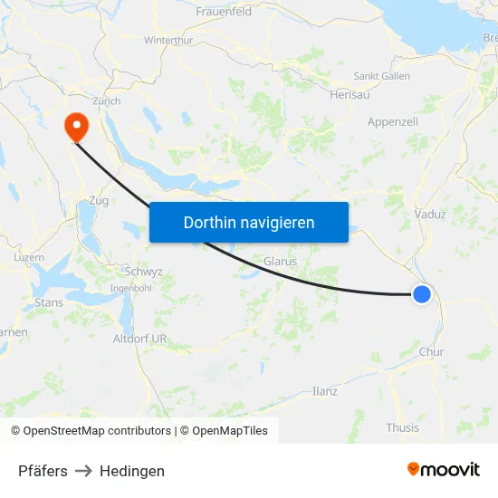 Pfäfers to Hedingen map