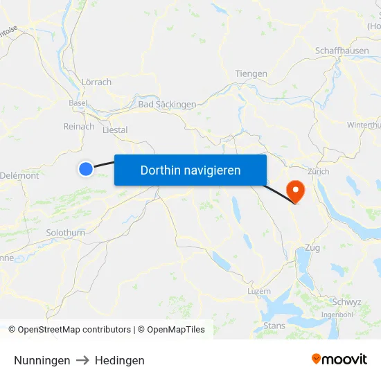 Nunningen to Hedingen map