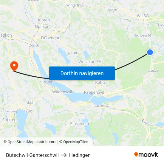 Bütschwil-Ganterschwil to Hedingen map