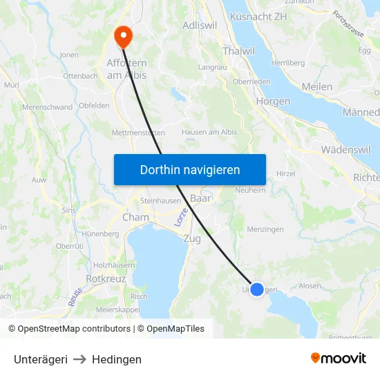 Unterägeri to Hedingen map